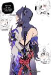 4girls absurdres acheron_(honkai:_star_rail) black_swan_(honkai:_star_rail) bound bound_arms camera coat commentary cyrene_(demiurge)_(honkai:_star_rail) cyrene_(honkai:_star_rail) english_commentary english_text evanescia_(honkai:_star_rail) highres holding holding_camera honkai:_star_rail honkai_(series) long_hair multiple_girls pointy_ears purple_hair recording speech_bubble very_long_hair white_coat yuri zanqi 