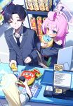  1boy 1girl 2girls ahoge black_shirt blonde_hair blue_archive blue_eyes blue_halo blush capry cash_register close-up collared_shirt convenience_store credit_card crying hair_flaps halo heterochromia highres hoshino_(blue_archive) indoors jacket long_hair multiple_girls necktie off_shoulder open_mouth pink_hair pink_halo portrait sensei_(blue_archive) shirt shop sora_(blue_archive) streaming_tears stuffed_animal stuffed_toy stuffed_whale suit_jacket sweatdrop tears tempura_costume upper_body white_shirt yellow_eyes 