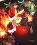 @_@ broom broom_riding commentary_request cup delphox fire highres mega_delphox mega_pokemon multicolored_fur pokemon pokemon_(creature) pokemon_champions pokemon_focus red_eyes red_fur sinistcha teacup tosa_f white_beard white_fur yellow_eyes yellow_fur 