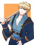  1boy baton_(weapon) belt blonde_hair blue_eyes blue_jacket blue_pants blue_shirt border chest_harness closed_mouth collared_shirt cosplay furukawa_makoto gepard_landau harness highres holding holding_baton_(weapon) holding_weapon honkai:_star_rail honkai_(series) inukai_yuto inukai_yuto_(cosplay) jacket male_focus pants paradox_live shirt short_hair thebasecamp10 unbuttoned unbuttoned_shirt voice_actor_connection weapon white_border yellow_background yellow_belt 