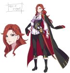  1girl belt black_pants boots breasts character_name closed_mouth commentary_request frilled_shirt frills full_body green_eyes high_heels jacket jacket_on_shoulders long_hair long_sleeves looking_at_viewer official_art pants re:zero_kara_hajimeru_isekai_seikatsu red_hair reference_sheet scabbard scar scar_on_face second-party_source serena_dracroy sheath shirt standing sword weapon white_background 