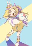  1girl :3 ahoge animal_bag animal_ear_headphones animal_ears artist_name backpack bag blonde_hair boots brown_eyes cat_bag cat_ear_headphones cat_ears coat commentary_request dissidia_duellum_final_fantasy dissidia_final_fantasy fake_animal_ears final_fantasy final_fantasy_v full_body hair_ornament hairclip headphones highres krile_mayer_baldesion_(ff5) krile_mayer_baldesion_(mog_&amp;_me)_(ff5) long_hair looking_at_viewer mag_ddff official_alternate_costume open_mouth parted_bangs ponytail smile solo standing v x_hair_ornament yellow_coat 
