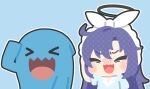  >_< 1girl black_halo blue_archive blue_background blue_shirt blush blush_stickers border bow_hairband chibi chibi_only closed_eyes commentary_request hairband halo hand_up kinubari_nerune long_hair mechanical_halo no_lineart nose_blush open_mouth pokemon pokemon_(creature) purple_hair shirt short_sleeves simple_background upper_body white_border white_hairband wobbuffet yuuka_(blue_archive) 