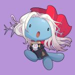  :o black_dress blue_skin cape clothed_pokemon colored_skin commentary cosplay dress edelgard_von_hresvelg edelgard_von_hresvelg_(cosplay) english_commentary fire_emblem fire_emblem:_three_houses floating_hair highres long_hair pokemon pokemon_(creature) purple_background purpleaur_a red_cape simple_background tail white_hair wooper 