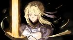  1girl absurdres ahoge armor armored_dress artoria_pendragon_(fate) ashen_illust blonde_hair braid braided_base braided_bun breasts bun_with_braided_base caliburn_(fate) commentary dress fate/grand_order fate/stay_night fate/zero fate_(series) green_eyes hair_between_eyes hair_bun highres holding long_hair looking_at_viewer ponytail ribbon saber_(fate) short_hair sidelocks solo weapon yellow_eyes 