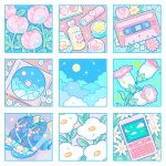  blue_shoes brick_phone cassette_tape cd cd_case cloud commentary cosmetics flower high_heels highres hiro046k moon no_humans original pink_flower pink_tulip shoes star_(sky) star_(symbol) tulip untranslatable_commentary unworn_shoes white_flower 
