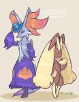  1girl 1other :3 absurdres adjusting_clothes adjusting_headwear alternate_color animal_ear_fluff animal_ears animal_nose arm_behind_back arm_up artist_name blue_eyeliner blue_hat body_fur brown_background brown_fur closed_mouth commentary_request dated_commentary delphox english_commentary english_text eyeliner flat_chest fox_ears fox_tail full_body furry furry_female gardear058 grey_fur hand_on_own_hip hand_to_own_mouth hand_up happy hat highres jaggy_lines looking_at_viewer lopunny makeup mixed-language_commentary partial_commentary pink_eyes pixiv_id pokemon pokemon_(creature) purple_eyes purple_fur rabbit_ears rabbit_girl shiny_pokemon signature simple_background smile snout sparkle standing tail top_hat twitter_username two-tone_fur watermark web_address yellow_fur 