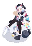  1girl absurdres alternate_costume asymmetrical_footwear beret black_hat black_pantyhose black_shoes bow collared_shirt colored_tips contrast_collar detached_sleeves drawn_ears fang footwear_bow full_body hair_bow hat heterochromia hh_fm highres holding holding_paintbrush jogasaki_noah long_hair long_sleeves looking_at_viewer mahou_shoujo_no_majo_saiban mismatched_footwear multi-tied_hair multicolored_eyes multicolored_hair neck_ribbon paintbrush pantyhose polka_dot polka_dot_bow polka_dot_skirt red_eyes ribbon sheep shirt shoes signature simple_background sitting skin_fang skirt sleeveless sleeveless_shirt solo streaked_hair white_background white_hair white_shirt white_shoes wide_sleeves yellow_eyes 