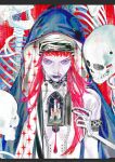  1girl black_lips blood blood_on_face blunt_bangs castle closed_mouth collarbone eyelashes grey_eyes highres hood hood_up lips long_hair nosebleed original pale_skin red_hair rexpo skeleton solo star_(symbol) upper_body 