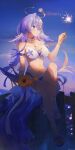  1girl absurdres bikini blue_eyes breasts chinese_commentary cleavage closed_mouth commentary_request fireworks flower hair_between_eyes hair_ornament halo head_wings highres holding holding_fireworks honkai:_star_rail honkai_(series) jewelry light_smile long_hair looking_to_the_side medium_breasts navel necklace official_alternate_costume outdoors purple_hair robin_(honkai:_star_rail) robin_(summeretto)_(honkai:_star_rail) sandals sitting sky smile solo sparkler star_(symbol) star_print starfish_hair_ornament sunflower swimsuit swkl:d white_bikini white_wings wings 
