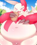  absurd_res anthro belly big_belly blush claws cosith eating fupa fur generation_3_pokemon hi_res navel nintendo overweight pink_eyes pokemon pokemon_(species) sandwich_(disambiguation) solo video_games white_body white_fur zangoose 