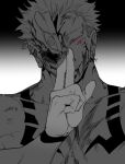  1boy blood blood_on_face commentary_request extra_eyes gradient_background greyscale grin izayoi_(hosiume-sukonnbu) jujutsu_kaisen male_focus monochrome muscular muscular_male red_eyes ryoumen_sukuna_(jujutsu_kaisen) short_hair smile solo spot_color tattoo undercut 
