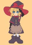 1girl 231372950977 :o apron black_boots black_capelet black_gloves black_hat black_skirt black_vest blonde_hair blue_eyes boots bow bowtie braid bright_pupils brown_apron buttons capelet commentary_request cookie_(touhou) elbow_gloves frilled_apron frills full_body gloves hat hat_bow highres kirisame_marisa looking_at_viewer meguru_(cookie) open_mouth red_bow red_bowtie salute short_hair side_braid simple_background single_braid skirt skirt_set socks solo standing touhou vest waist_apron white_pupils white_socks witch_hat yellow_background 