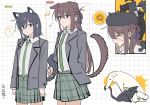  2girls ai_image_recognition animal_ears animalization blue_eyes braid brown_hair cat cat_ears cat_girl cat_tail chinese_commentary chinese_text closed_mouth collared_shirt commentary_request dog dog_ears dog_girl dog_tail green_necktie green_skirt grey_hair grey_jacket haidao_mao half_up_braid highres jacket kemonomimi_mode logo long_hair medium_hair miyagi_shiori multiple_girls necktie pink_eyes plaid_clothes plaid_skirt school_uniform sendai_hazuki shirt shuuniichido_classmate_wo_kau_hanashi skirt tail tail_grab translation_request white_shirt 