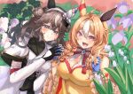  2girls absurdres ahoge animal_ears blue_gloves blush braid breasts brown_hair cleavage closed_mouth commentary_request copano_rickey_(eightfold_fortune)_(umamusume) copano_rickey_(umamusume) curren_bouquetd'or_(racing)_(umamusume) curren_bouquetd'or_(umamusume) detached_sleeves double_bun dress ear_covers elbow_gloves fang fingerless_gloves flower gloves grey_eyes hair_between_eyes hair_bun hair_ornament hairband highres horse_ears horse_girl kichi_tik large_breasts long_hair looking_at_viewer mismatched_ear_covers multicolored_hair multiple_girls open_mouth smile streaked_hair tassel tassel_hair_ornament twin_braids umamusume white_hair white_streaks yellow_dress yellow_sleeves 