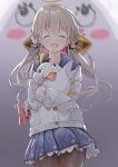  1girl absurdres assault_rifle black_pantyhose blue_archive blue_sailor_collar blue_skirt blurry blurry_background blush brown_hair bullpup cardigan character_doll closed_eyes commentary_request cowboy_shot depth_of_field doll gun gun_sling hair_between_eyes halo hifumi_(blue_archive) highres hugging_doll hugging_object l85 long_hair open_mouth pantyhose partial_commentary peroro_(blue_archive) petticoat pleated_skirt rifle sailor_collar shade skirt solo sonoji variant_set weapon weapon_on_back white_cardigan yellow_halo 
