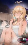  1girl aesc_(fate) ahoge ahoge_wag ayul_(ayulneri_92) bare_shoulders bathing blonde_hair blush breasts cleavage closed_eyes commentary_request commission expressive_hair fate/grand_order fate_(series) highres long_hair medium_breasts naked_towel onsen partial_commentary pixiv_commission solo steam towel water 