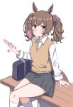  1girl absurdres animal_ears blowing_bubble_gum blush bow breasts brown_eyes brown_hair brown_sweater_vest cellphone cellphone_charm character_charm charm_(object) chewing_gum collared_shirt commentary_request desk flip_phone grey_skirt hair_between_eyes hair_bow highres horse_ears horse_girl horse_tail kirby kirby_(series) looking_at_viewer medium_hair multiple_hair_bows phone pink_bow purple_bow school_uniform shirt sitting skirt smart_falcon_(umamusume) smartphone socks solo sweater_vest tail twintails umamusume white_shirt white_socks yukia2 