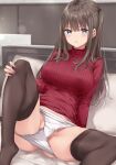  1girl bangs blush breasts brown_hair brown_thighhighs commentary_request feet_out_of_frame fingernails hand_on_own_knee highres indoors knee_up large_breasts leaning_back long_fingernails long_hair long_sleeves midriff nail_polish no_pants no_shoes on_bed one_side_up original panties panty_pull parted_lips pink_nails red_sweater ribbed_sweater sidelocks sitting skindentation solo spread_legs sweatdrop sweater taut_clothes thighhighs thighs turtleneck turtleneck_sweater underwear white_panties wing_(aiastor) 