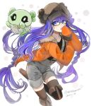  1girl blue_eyes braid dated fate/grand_order fate_(series) fur-trimmed_jacket fur_trim glasses grey_shorts hat jacket kon_(fate) long_hair meltryllis_(fate) meltryllis_(swimsuit_lancer)_(fate) official_alternate_costume orange_jacket purple_hair shorts sleeves_past_fingers sleeves_past_wrists suspender_shorts suspenders tekuteku_aruko twin_braids twitter_username very_long_hair 