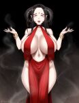  1girl black_hair bracelet breasts covered_nipples cropped_legs curvy demon_girl demon_horns dress english_commentary highres horns huge_breasts jewelry large_breasts lips long_hair multiple_bracelets navel open_clothes open_dress open_hands original pointy_ears red_dress red_lips red_nails revealing_clothes smoke thighs twrlare white_eyes 