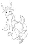  absurd_res all_fours anthro antlers bulge butt cervid clothed clothing gynomorph hi_res hooves horn intersex looking_at_viewer looking_back mammal monochrome neck_tuft presenting presenting_hindquarters raised_tail rear_view sketch solo tuft yakkokatto 