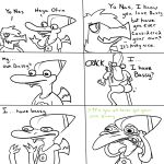  alligator alligatorid anthro bottomless clothed clothing comic crocodilian dinosaur duo english_text female goodbye_volcano_high hair hair_over_eye hi_res humor long_snout male monochrome naser_(gvh) nrool olivia_(snoot_game) one_eye_obstructed open_mouth pterodactylus pterosaur reptile scalie snoot_game_(fan_game) snout text tired_eyes video_games 