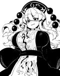  1girl absurdres breasts dress floating_hair from_below greyscale grin hat highres himajin_noizu huge_breasts junko_(touhou) long_hair monochrome shaded_face simple_background smile solo tabard touhou wide_sleeves 