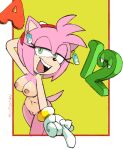  2022 accessory amy_rose anthro areola breasts clothing eulipotyphlan female genitals gesture gloves gloves_only green_eyes hair hair_accessory hairband handwear handwear_only hedgehog hi_res mammal middle_finger mostly_nude nipples open_mouth open_smile pink_body pink_hair pussy sega smile solo sonic_the_hedgehog_(series) sooperman 