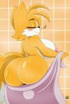  anthro ball_bulge bangs big_breasts big_butt big_nipples blush breasts bulge butt canid canine crossgender curvy_figure dipstick_tail eyes_closed fluffy fluffy_tail fox gynomorph hi_res huge_butt intersex mammal markings miles_prower multi_tail musical_note nipples nr_ac sega shower smile solo sonic_the_hedgehog_(series) tail_markings tiled_background towel wet wide_hips yellow_body 