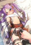  1girl asymmetrical_legwear bed black_gloves black_necktie blush breasts closed_mouth commentary_request cosplay elbow_gloves fishnets gloves hair_ornament highres hiiragi_kagami hotaru_iori ichimi_renge kantai_collection long_hair lucky_star lying neckerchief necktie on_back on_bed open_mouth purple_eyes purple_hair sailor_collar scarf school_uniform searchlight sendai_(kancolle) sendai_(kancolle)_(cosplay) sendai_kai_ni_(kancolle) serafuku single_sock single_thighhigh skirt small_breasts socks solo tears thigh_strap thighhighs torn_clothes torn_legwear two_side_up very_long_hair white_sailor_collar white_scarf 