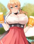  1girl alternate_breast_size alternate_costume anchor_hair_ornament apron aqua_eyes beer_mug black_choker black_dress blonde_hair blouse blurry blurry_background bodice breasts choker cleavage closed_mouth commentary_request cup dirndl dress german_clothes hair_between_eyes hair_ornament highres holding holding_cup huge_breasts kantai_collection long_hair looking_at_viewer miyako_(rgrayt) mug pinafore_dress prinz_eugen_(kancolle) puffy_short_sleeves puffy_sleeves red_apron shirt short_sleeves smile solo tree twintails unfinished waist_apron white_shirt 
