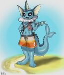  anthro artist_name beach blue_body blue_skin claws clothing eeveelution eyewear generation_1_pokemon glasses hi_res k1ko looking_at_viewer male navel nintendo pokemon pokemon_(species) sand seaside shorts_only smile smiling_at_viewer solo standing swimming_trunks swimwear vaporeon video_games water waterside whistle 