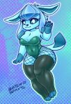  2022 4_toes 5_fingers anthro artist_name big_breasts blasticussaturn blue_body blue_eyes blue_fur breasts canid claws cleavage clothed clothing digital_media_(artwork) eeveelution feet female fingers fishnet fur generation_4_pokemon gesture glaceon hair hi_res legwear leotard looking_at_viewer mammal navel navel_outline nintendo pawpads pokemon pokemon_(species) signature simple_background smile solo stockings thick_thighs tight_clothing toe_claws toes video_games waving 