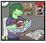  alligator alligatorid anthro card card_game clock crocodile crocodilian crocodylid donkey_kong_(series) donkey_kong_country_2 female furniture gaming green_body green_hair hair hi_res jewelry kalypso king_k._rool konami long_snout looking_at_viewer necklace nintendo nrool olivia_(snoot_game) reptile scalie snoot_game_(fan_game) snout solo table video_games yellow_sclera yu-gi-oh! 