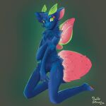  1:1 antennae_(anatomy) anthro blue_body blue_fur claws_out digital_media_(artwork) domestic_cat double_slime felid feline felis fur green_eyes hi_res insect_wings lepidopteran_wings looking_at_viewer male mammal nude pinup pose signi_(signi) simple_background smile solo solo_focus wings 