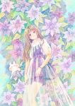  1girl animal artist_name bangs blush blush_stickers bracelet clematis_(flower) dress floral_background flower frilled_shirt_collar frilled_sleeves frills hand_on_own_leg head_tilt highres jewelry leaf light_particles light_purple_hair long_hair momochy multicolored_background original parted_lips pastel_colors pinafore_dress plant purple_dress purple_eyes purple_flower purple_skirt rabbit see-through see-through_dress shirt short_sleeves signature skirt smile spaghetti_strap sparkling_eyes starry_sky_print white_flower white_shirt 
