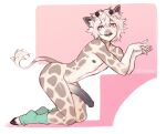  anthro big_penis blonde_hair clothing cloven_hooves eerieeyes erection footwear fur genitals giraffe giraffid girly hair heterochromia hooves kneeling licking licking_lips male mammal medial_ring nipples penis small_but_hung socks solo spots spotted_body spotted_fur tail_tuft tongue tongue_out tuft 