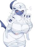  1girl absol baburusushi breasts claws furry highres horns large_breasts mummy_costume nipple_slip nipples pokemon red_eyes solo tail thick_thighs thighs white_fur 