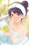  1girl artist_request bare_shoulders bathing bathtub black_hair collarbone commentary_request fangs fukumaru_koito hair_bun highres idolmaster idolmaster_shiny_colors looking_at_viewer naked_towel open_mouth partially_submerged purple_eyes rubber_duck single_hair_bun skin_fangs solo steam towel water wet 