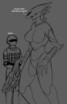  alien clothing dialogue duo female hi_res human humor male male/female mammal military_uniform taur treniea uniform weapon 