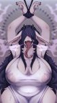  2022 abstract_background anthro areola artist_name belly big_breasts black_hair bodily_fluids bound bovid breasts breath caprine chest_tuft cleavage clothed clothing curvy_figure ear_piercing ear_ring fangs female fur goat hair hair_over_eyes hands_tied hi_res horn huge_breasts inverted_nipples long_hair long_tongue mammal navel_outline nipple_outline nipples open_mouth piercing raised_arms ring_piercing rope saliva sharp_teeth slightly_chubby solo sweat teeth thick_thighs tongue tongue_out translucent translucent_clothing tuft unluckyoni voluptuous white_body white_fur wide_hips 