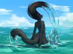  anthro big_butt black_body black_fur black_hair butt domestic_cat eyes_closed felid feline felis fluffy fluffy_tail fur girly green_hair hair hair_flip leopard_spots long_hair male mammal nude partially_submerged romarom shun_delacroix smile solo spots water 