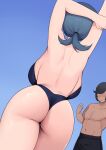  1boy 1girl arm_behind_head arms_up ass back backboob bare_back black_hair black_one-piece_swimsuit blue_background blue_hair breasts bulge curvy erection erection_under_clothes faceless faceless_male facing_away from_behind highres holding_own_arm huge_breasts lana&#039;s_mother_(pokemon) low_ponytail male_swimwear mature_female moebell mole mole_on_ass paid_reward_available pokemon pokemon_(game) pokemon_sm swim_trunks swimsuit 