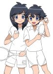  2boys ball bangs black_hair closed_mouth collared_shirt commentary_request dual_persona elio_(pokemon) grey_eyes highres holding holding_ball holding_paddle holding_tennis_racket looking_at_viewer male_focus multiple_boys paddle partially_colored pokemon pokemon_(game) pokemon_sm pokemon_usum sana_(37pisana) shiny shiny_hair shirt short_sleeves shorts smile t-shirt table_tennis_ball table_tennis_paddle tennis_ball unfinished wristband 