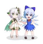  2girls :d absurdres ahoge aqua_hair bangs blue_eyes bow bracelet cape cirno commentary crossover detached_sleeves dress fairy_wings full_body genshin_impact gradient_hair green_eyes hair_between_eyes hair_bow hair_ornament hair_ribbon hand_on_hip highres ice ice_wings jewelry long_hair looking_at_viewer multicolored_hair multiple_girls nahida_(genshin_impact) out_of_frame parted_lips pointy_ears ribbon shoes short_hair short_sleeves side_ponytail sidelocks simple_background smile socks standing star_(symbol) stirrup_legwear toeless_legwear touhou v-shaped_eyebrows white_background white_dress white_hair wings xue_xue 