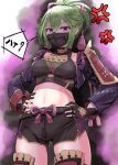 1girl absurdres anger_vein armor bangs breasts cleavage commentary_request fingerless_gloves genshin_impact glaring gloves green_hair hair_between_eyes hair_ornament hands_on_hips highres japanese_clothes kuki_shinobu long_hair long_sleeves looking_at_viewer mask mouth_mask navel ponytail purple_eyes scowl shoulder_armor sidelocks solo stomach tobikaze89 translation_request 