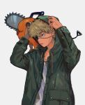  1boy animal_on_shoulder blonde_hair chainsaw chainsaw_man denji_(chainsaw_man) eyepatch green_hoodie highres holding_hoodie hood hoodie looking_to_the_side pochita_(chainsaw_man) shinamoku00 shirt short_hair simple_background solo_focus spiked_hair tongue tongue_out white_background white_shirt 