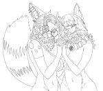  anthro canid canine canis domestic_dog duo eyewear female fennec fox glasses hair hair_over_eye hand_holding hi_res jewelry long_hair looking_at_viewer mammal monochrome navel neck_tuft necklace necklace_only nude one_eye_obstructed piercing sketch tongue tongue_out tongue_piercing tuft yakkokatto 