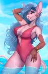  anthro bikini blue_eyes blue_hair breasts cleavage clothed clothing cybernetics cyborg ear_piercing ear_ring female hair hi_res jewelry long_hair looking_at_viewer machine mammal mechanical_arm murid murine necklace outside partially_submerged piercing rat ring_piercing rodent sky smile solo standing swimwear teeth veliren_rey water 